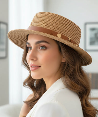 Comprar chapéu de palha feminino panamá aba média dobrável com faixa decorativa leve respirável verão praia em promoção ANELLIMN