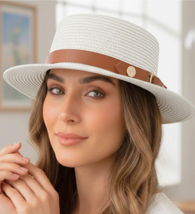 Comprar chapéu de palha feminino panamá aba média dobrável com faixa decorativa leve respirável verão praia em promoção ANELLIMN