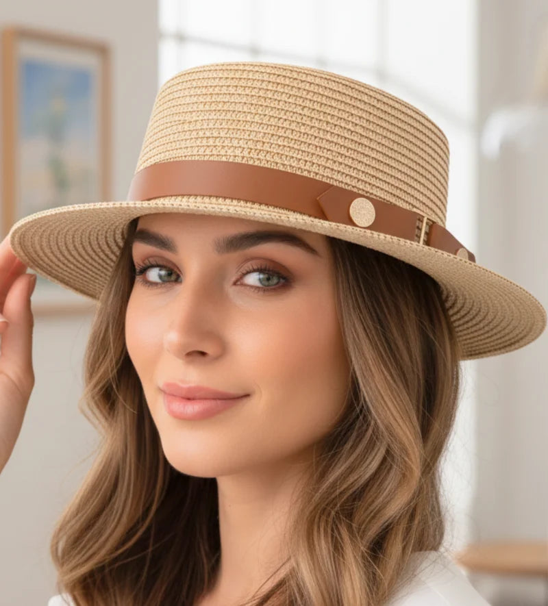 Comprar chapéu de palha feminino panamá aba média dobrável com faixa decorativa leve respirável verão praia em promoção ANELLIMN