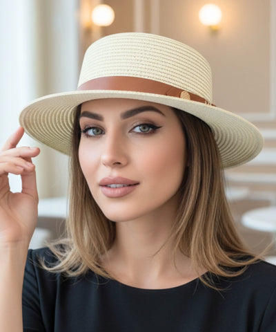 Comprar chapéu de palha feminino panamá aba média dobrável com faixa decorativa leve respirável verão praia em promoção ANELLIMN