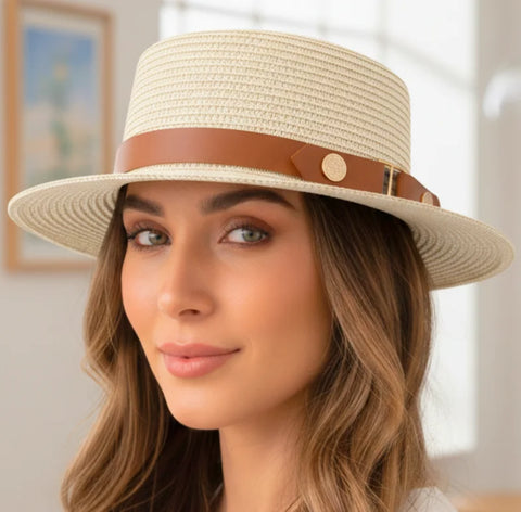 Comprar chapéu de palha feminino panamá aba média dobrável com faixa decorativa leve respirável verão praia em promoção ANELLIMN