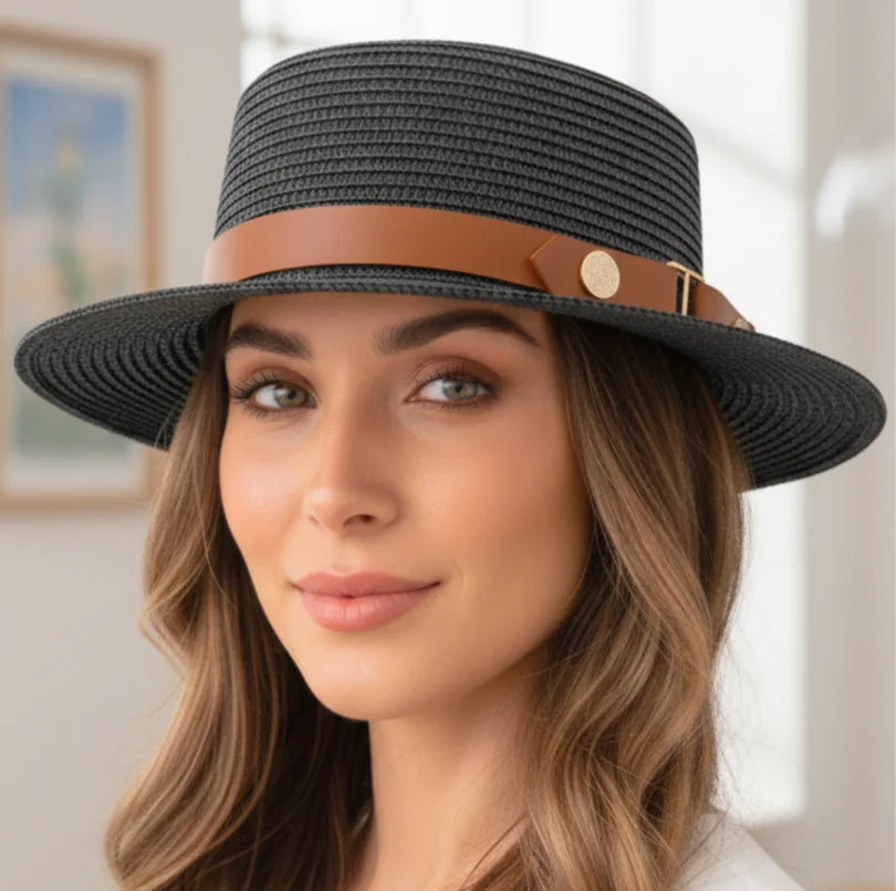 Comprar chapéu de palha feminino panamá aba média dobrável com faixa decorativa leve respirável verão praia em promoção ANELLIMN