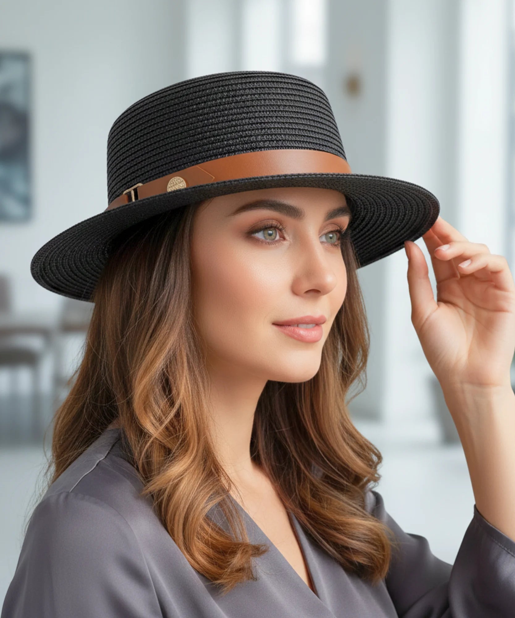 Comprar chapéu de palha feminino panamá aba média dobrável com faixa decorativa leve respirável verão praia em promoção ANELLIMN