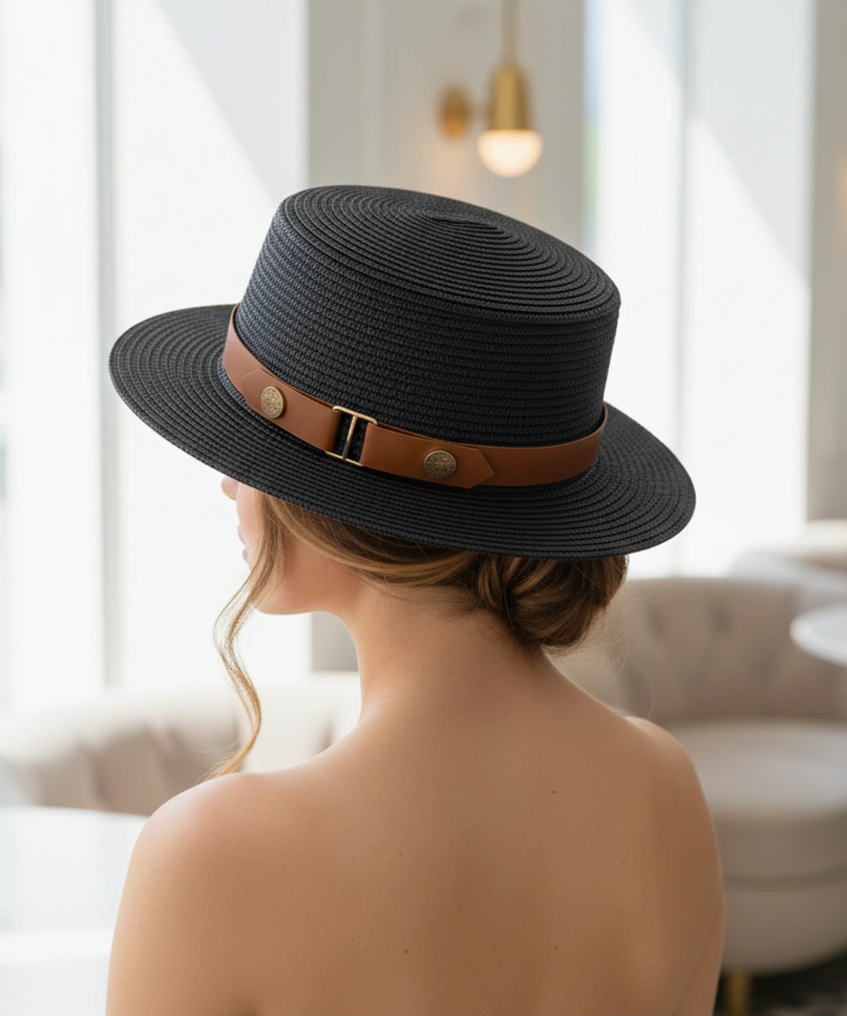 Comprar chapéu de palha feminino panamá aba média dobrável com faixa decorativa leve respirável verão praia em promoção ANELLIMN