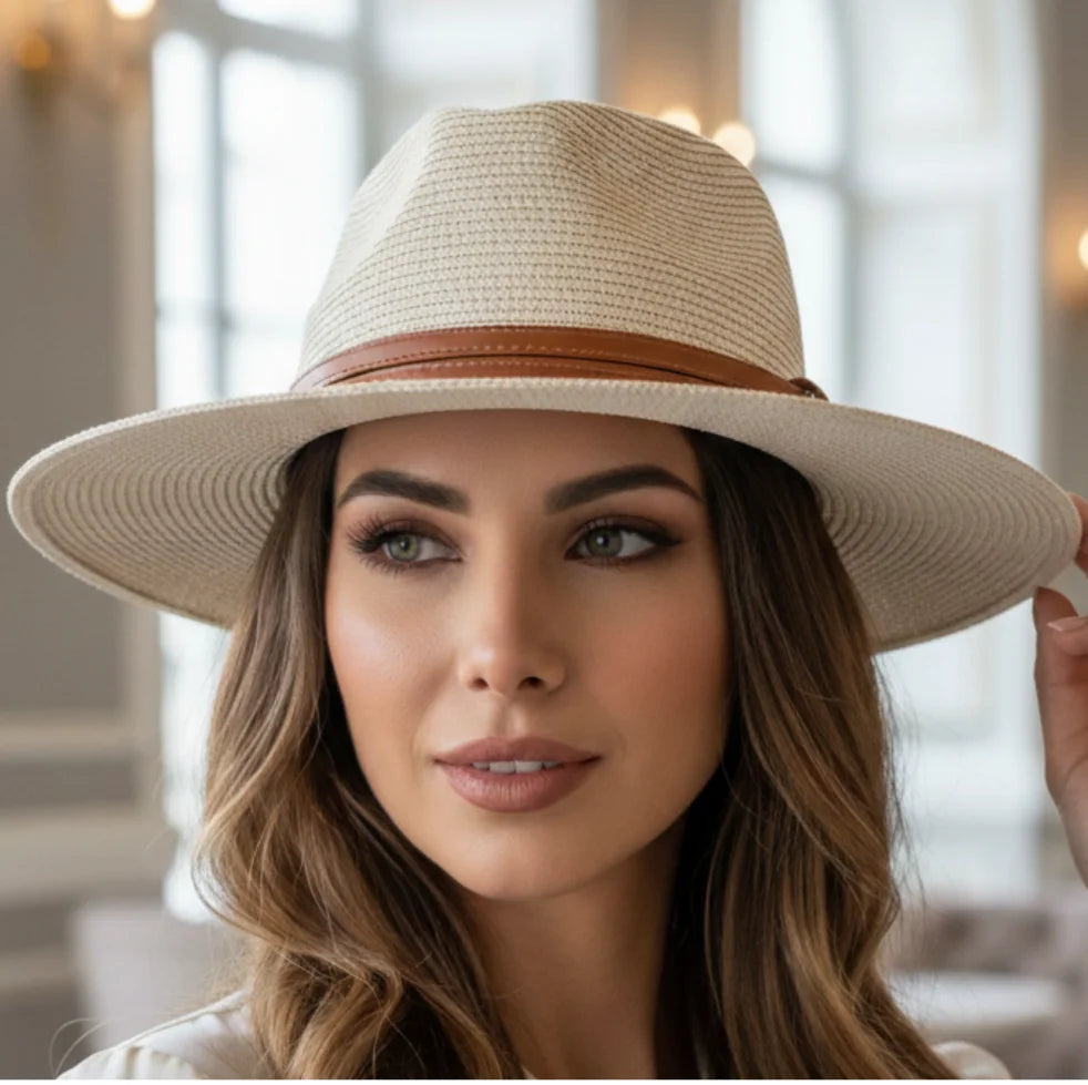 Chapéu Panamá Feminino Fedora Aba Larga Palha Verão - Anellimn