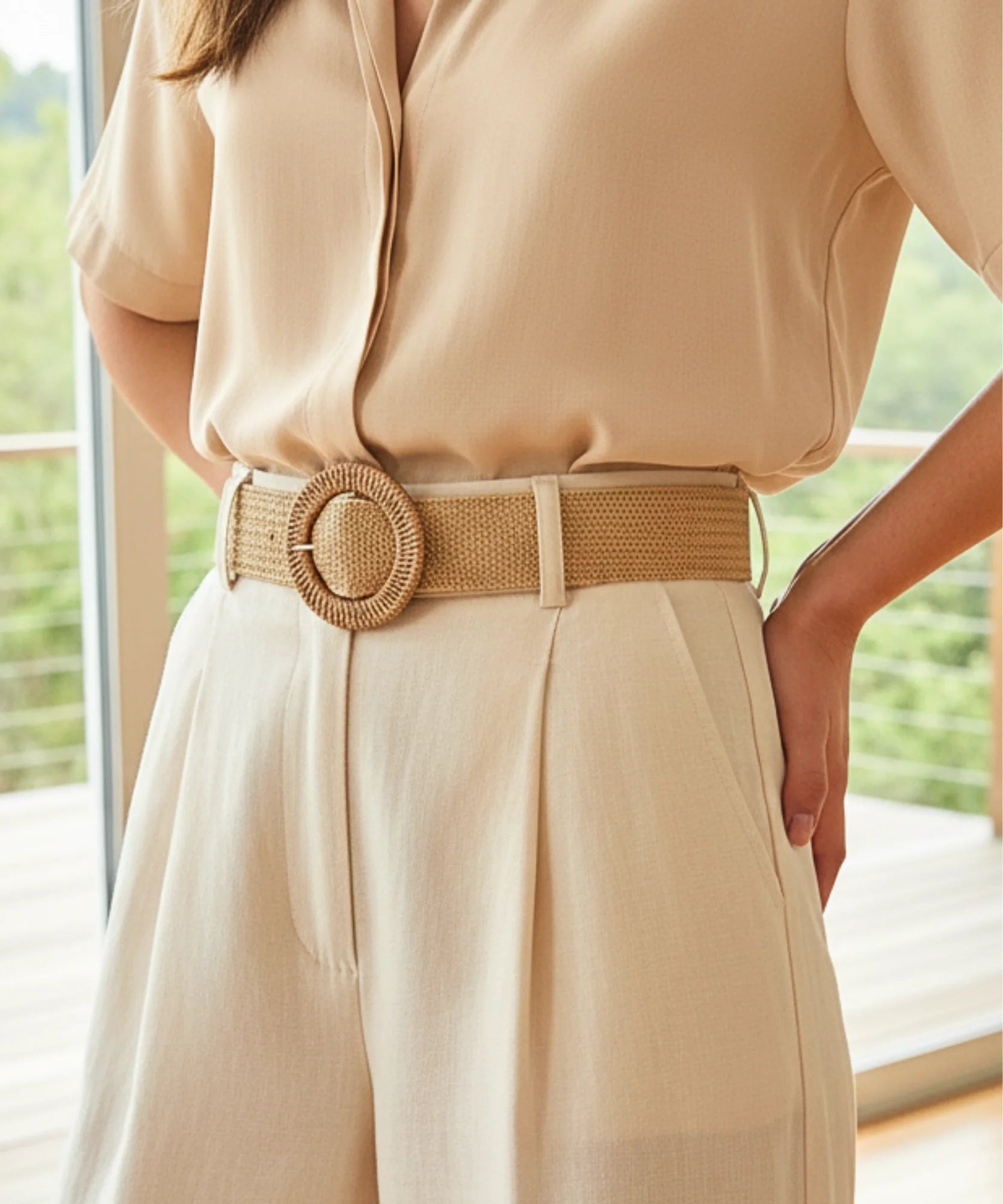 Comprar Cinto Boho Feminino Largo Palha Trançada Natural fivela redonda decorativa cintura alta estilo bohemian barato ANELLIMN