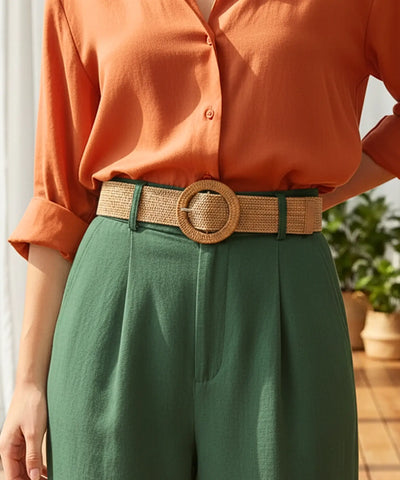 Comprar Cinto Boho Feminino Largo Palha Trançada Natural fivela redonda decorativa cintura alta estilo bohemian barato ANELLIMN