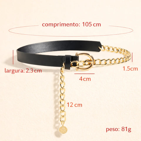 Comprar cinto feminino corrente dourada couro sintético fivela ajustável fino elegante para vestido barato ANELLIMN