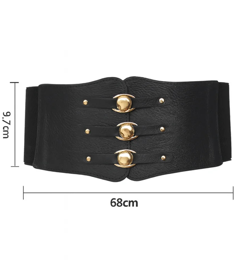 Comprar Cinto Largo Feminino Elastico Tripla Fivela Dourada Ajustável Couro Premium barato promoção frete grátis - ANELLIMN