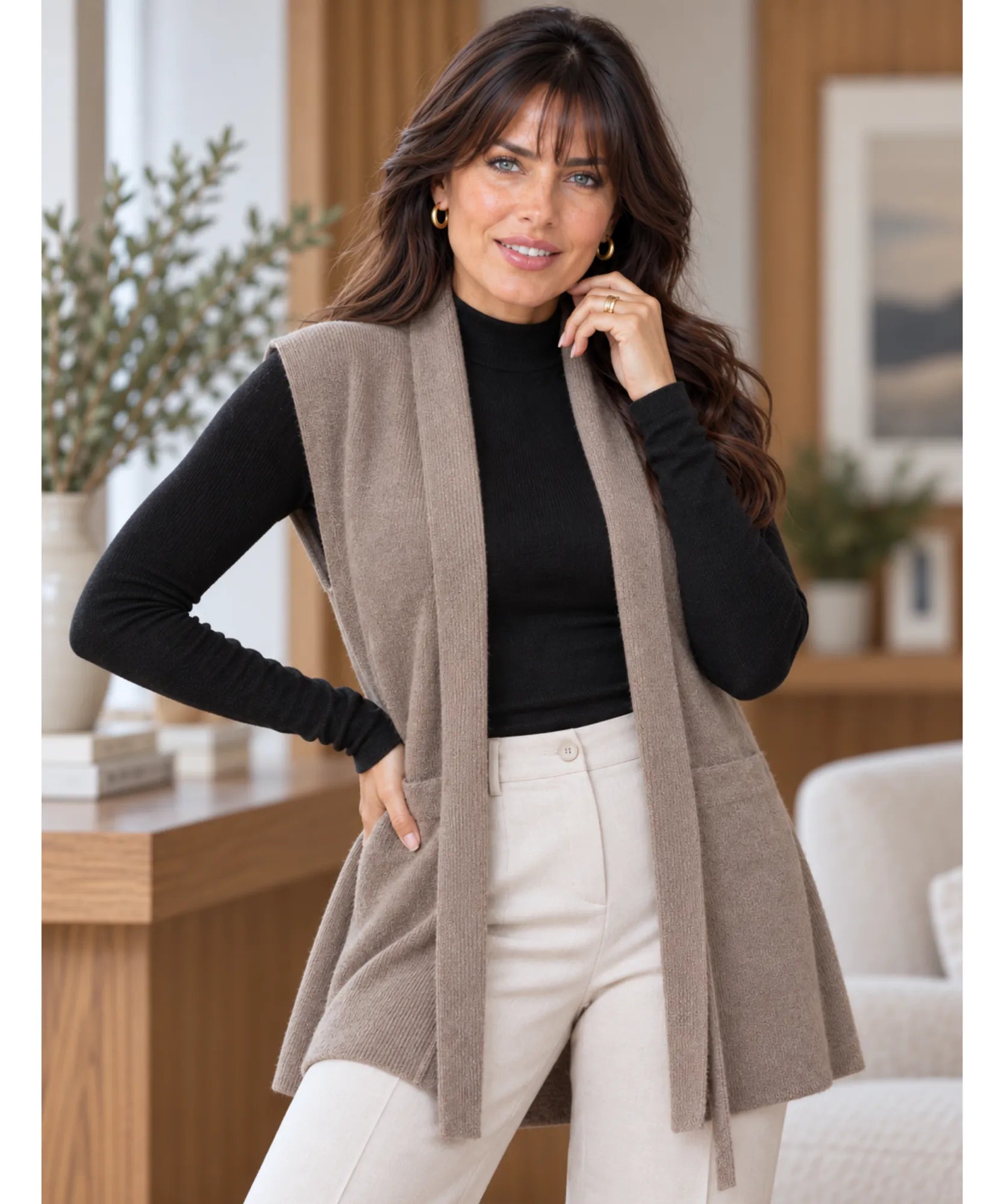 Comprar colete de lã feminino longo com amarração marrom em promoção Anellimn