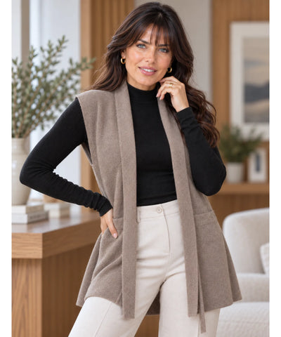 Comprar colete de lã feminino longo com amarração marrom em promoção Anellimn