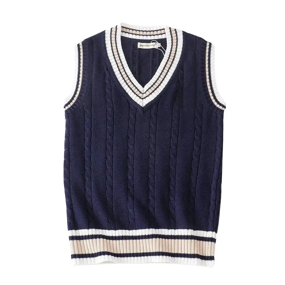 Comprar colete de tricô feminino gola V trançado azul marinho barato Anellimn