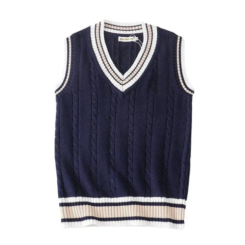 Comprar colete de tricô feminino gola V trançado azul marinho barato Anellimn