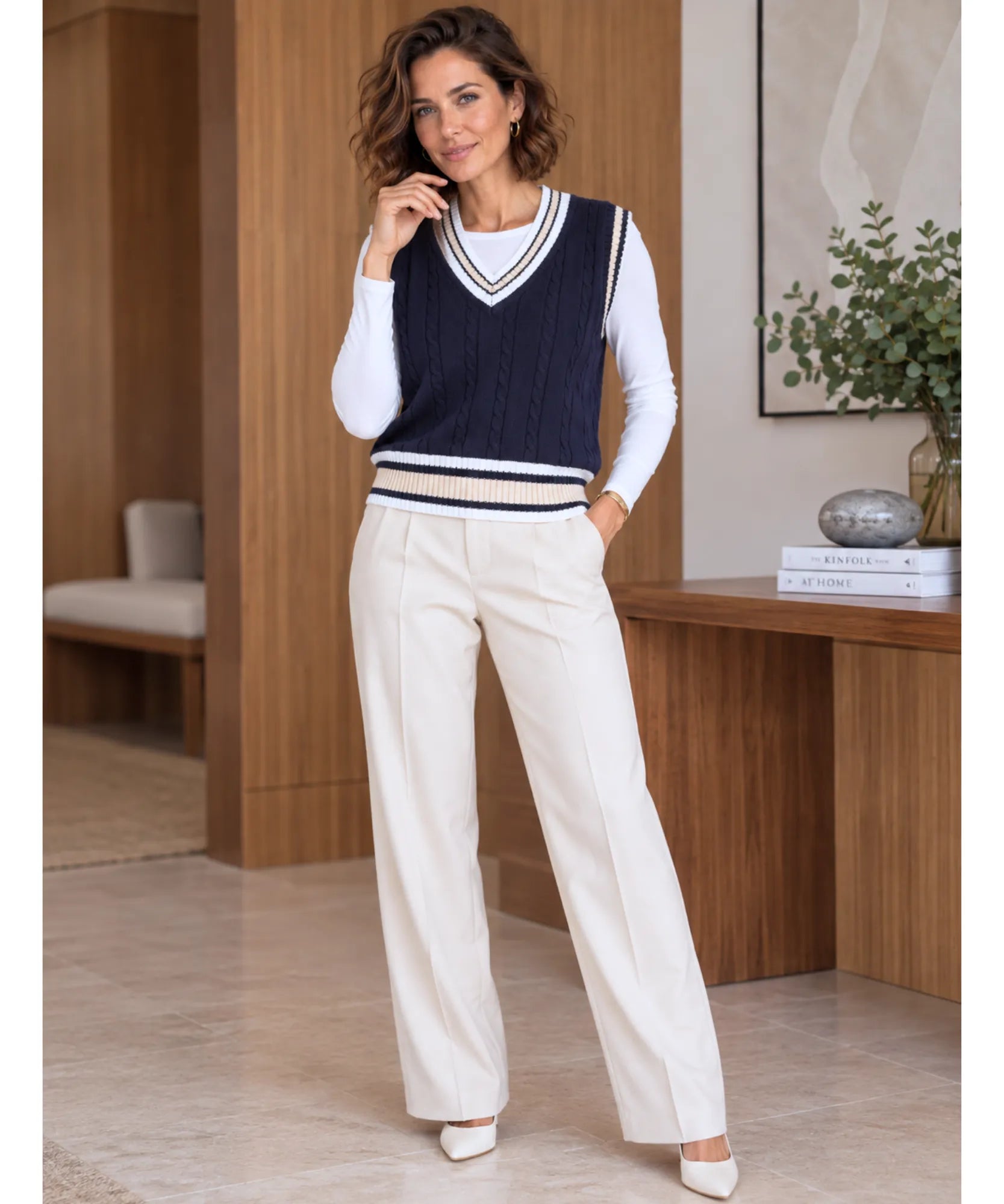 Comprar colete de tricô feminino sem manga inverno azul marinho barato Anellimn