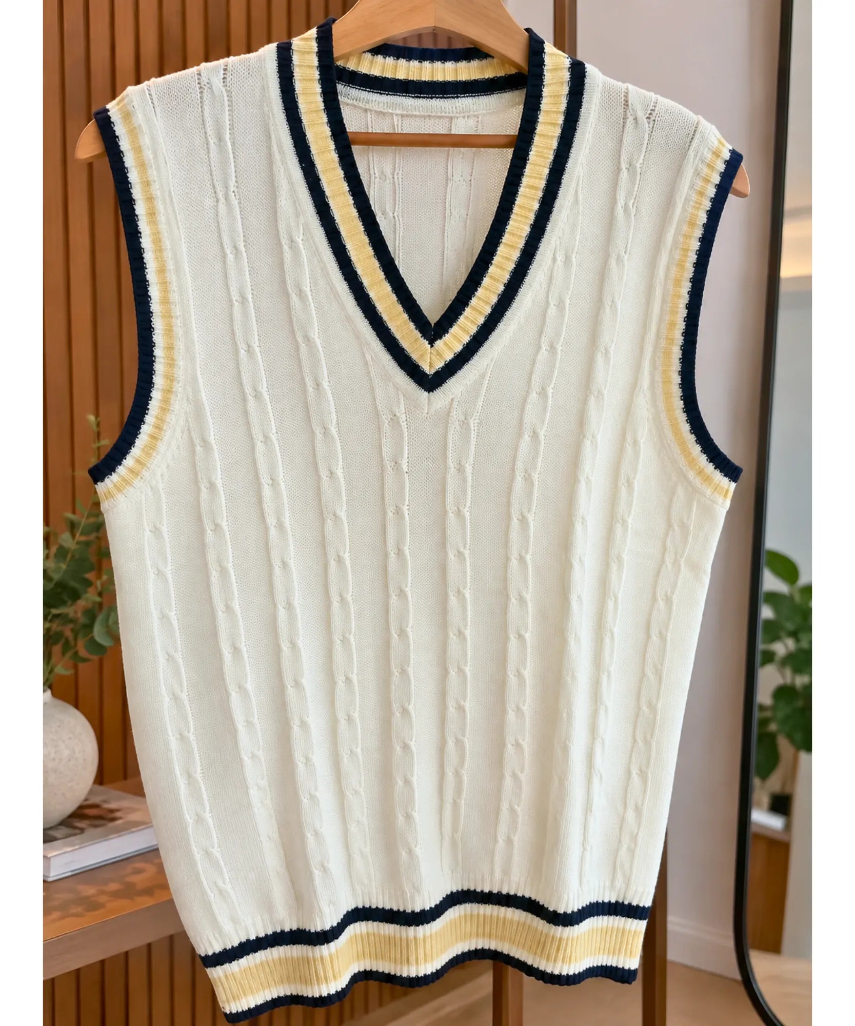 Comprar colete de tricô feminino gola V trançado off white barato Anellimn