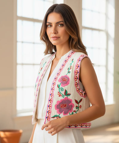 Comprar colete feminino bordado floral cropped estilo boho étnico algodão leve com forro barato ZARA