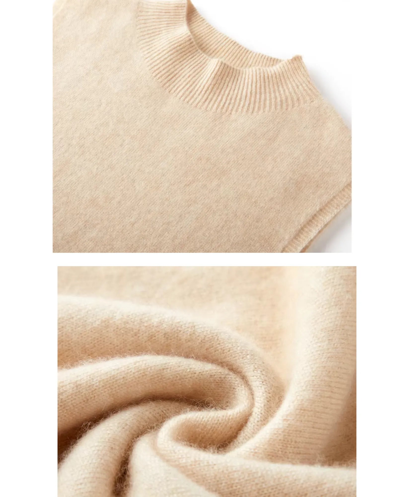 Detalhe da gola alta canelada do colete feminino de lã merino bege