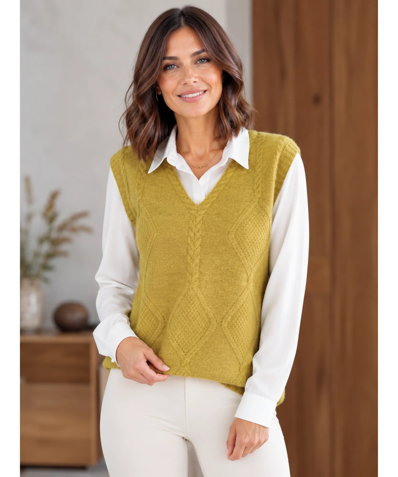 Comprar colete feminino tricot gola V sem manga com textura encorpada para sobreposição elegante de outono e inverno ANELLIMN