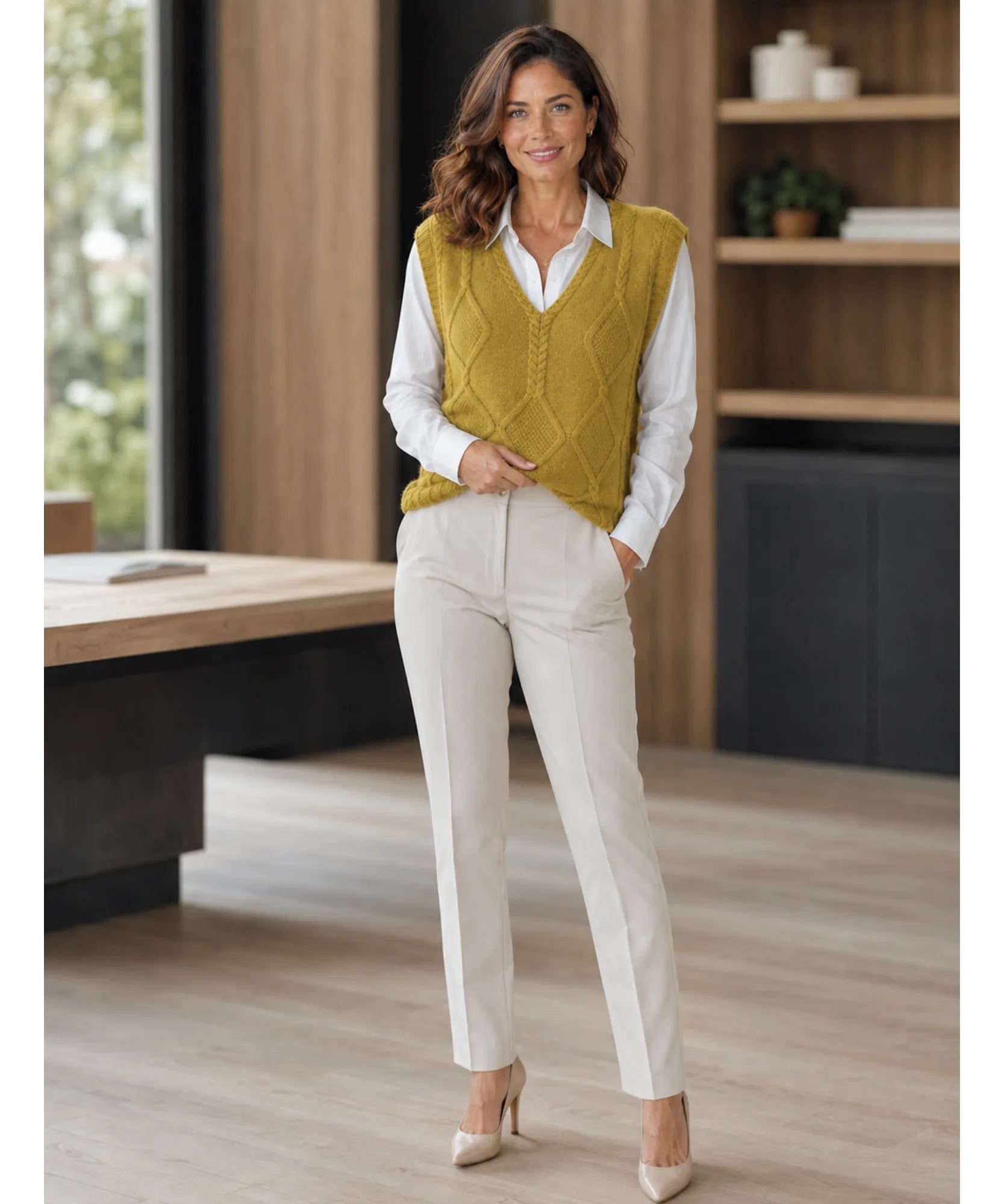 Comprar colete feminino tricot gola V sem manga com textura encorpada para sobreposição elegante de outono e inverno ANELLIMN