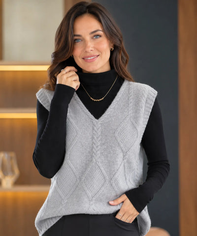 Comprar colete feminino tricot gola V sem manga com textura encorpada para sobreposição elegante de outono e inverno ANELLIMN