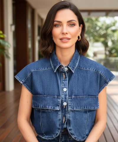 Colete Jeans Feminino Cropped sem Mangas Casual | Melí