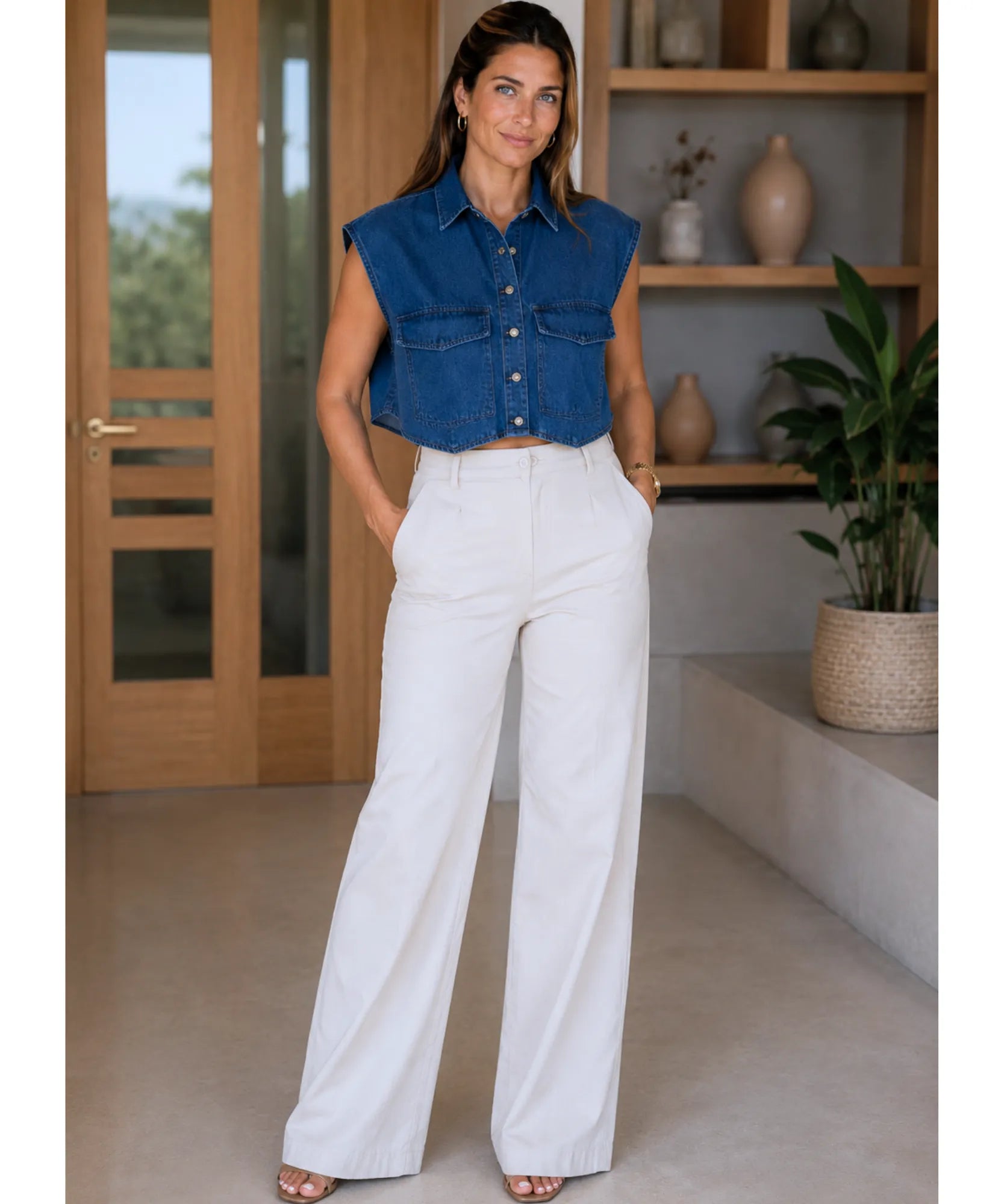 Look completo de corpo inteiro com colete jeans feminino curto azul e calca pantalona off white