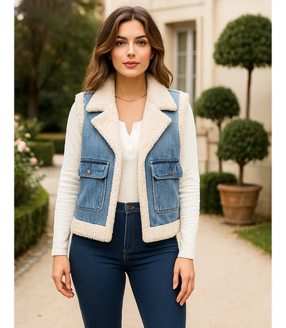 Comprar colete jeans feminino com forro de pelúcia térmica para dias de frio em promoção ZARA
