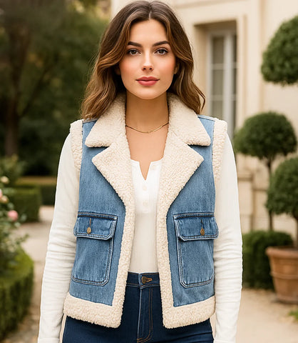 Comprar colete jeans feminino com forro de pelúcia térmica para dias de frio em promoção ZARA
