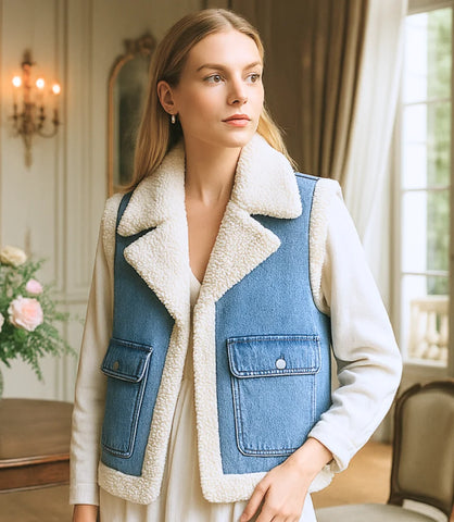 Comprar colete jeans feminino com forro de pelúcia térmica para dias de frio em promoção ZARA
