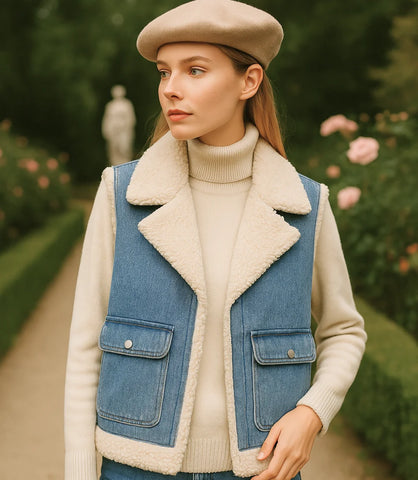 Comprar Comprar colete jeans feminino com forro de pelúcia térmica para dias de frio em promoção ZARA
