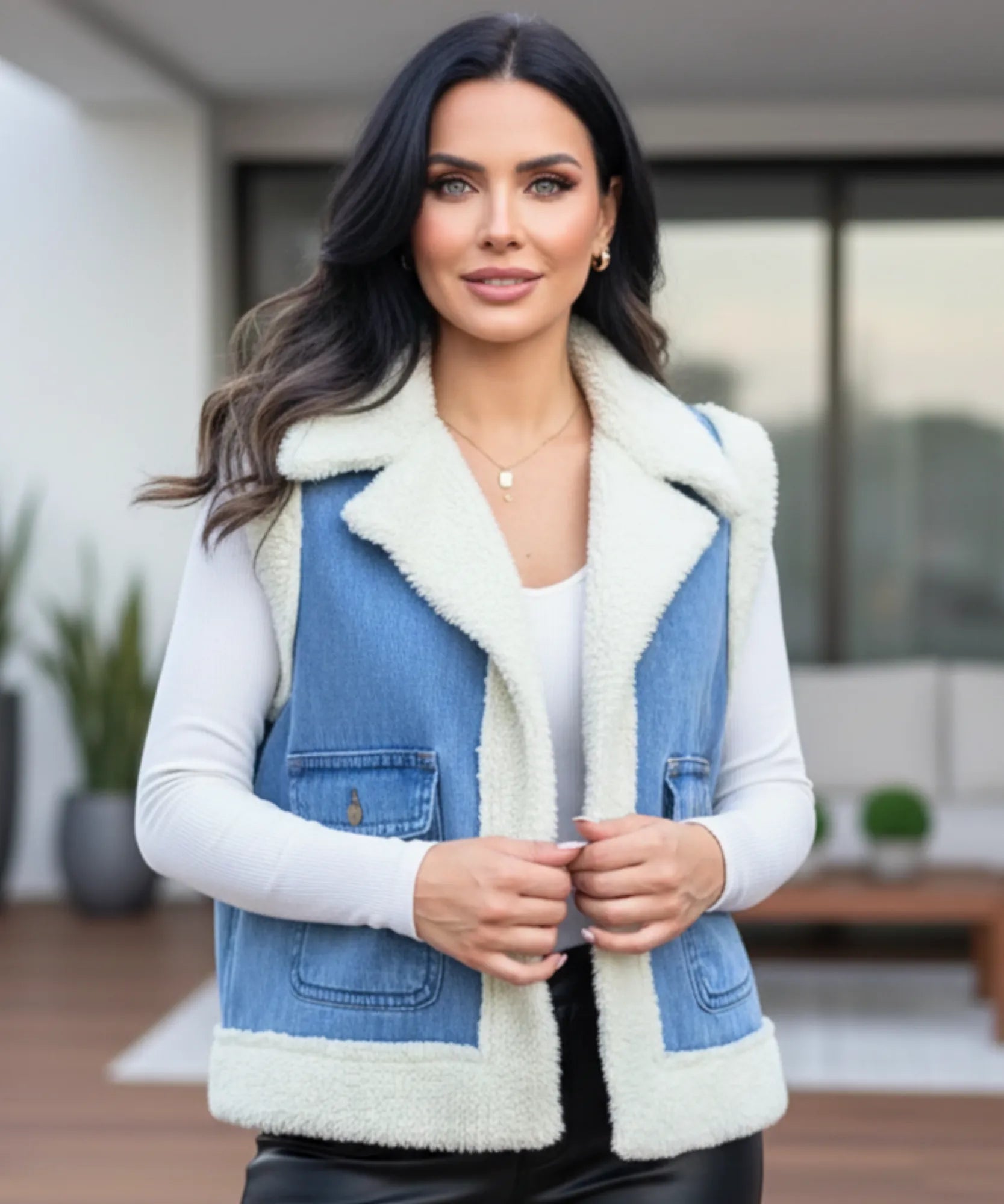 Comprar colete jeans feminino com forro de pelúcia térmica para dias de frio ZARA