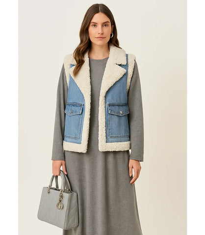 Comprar colete jeans feminino com forro de pelúcia térmica para dias de frio em promoção ZARA

