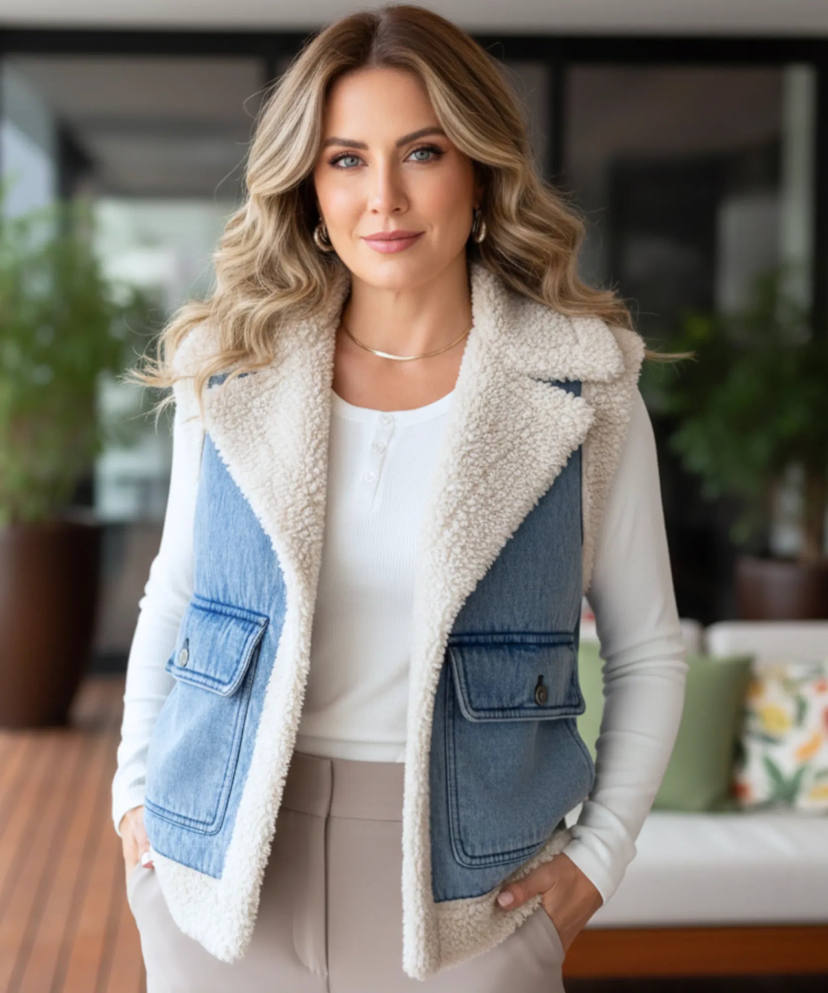 Comprar colete jeans feminino com forro de pelúcia térmica para dias de frio ZARA