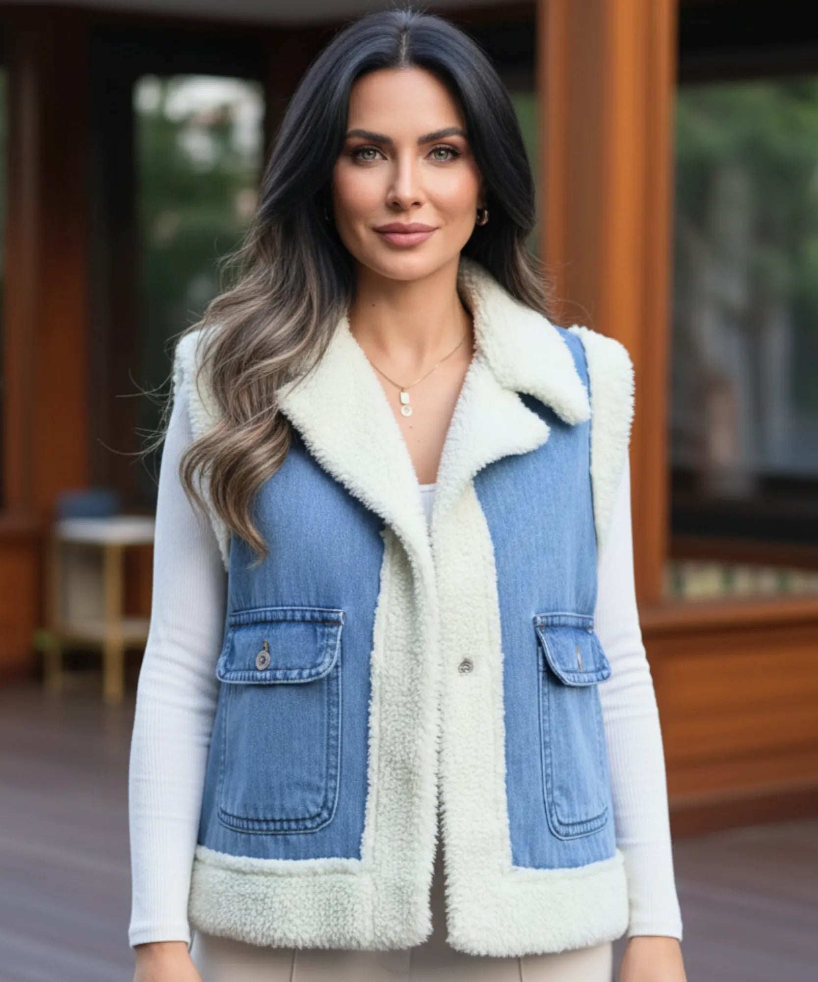 Comprar colete jeans feminino com forro de pelúcia térmica para dias de frio ZARA