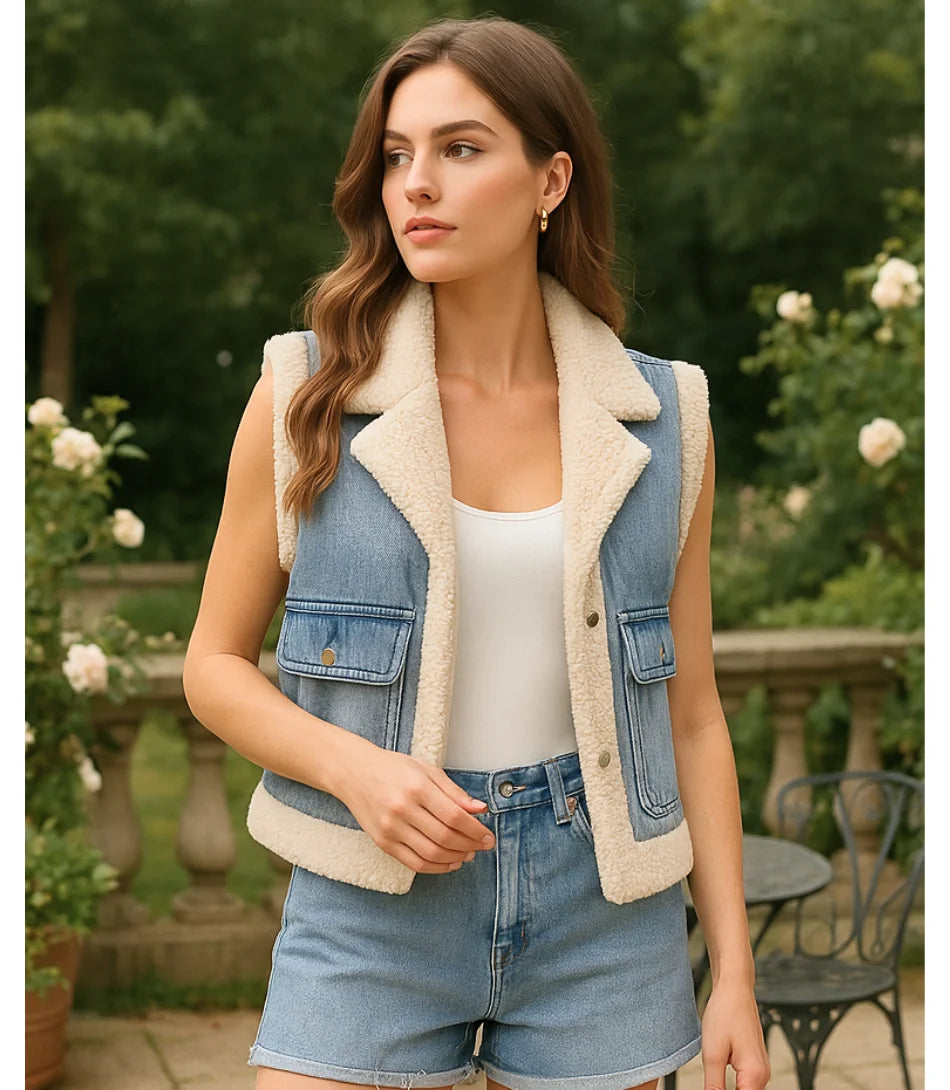 Comprar colete jeans feminino com forro de pelúcia térmica para dias de frio em promoção ZARA
