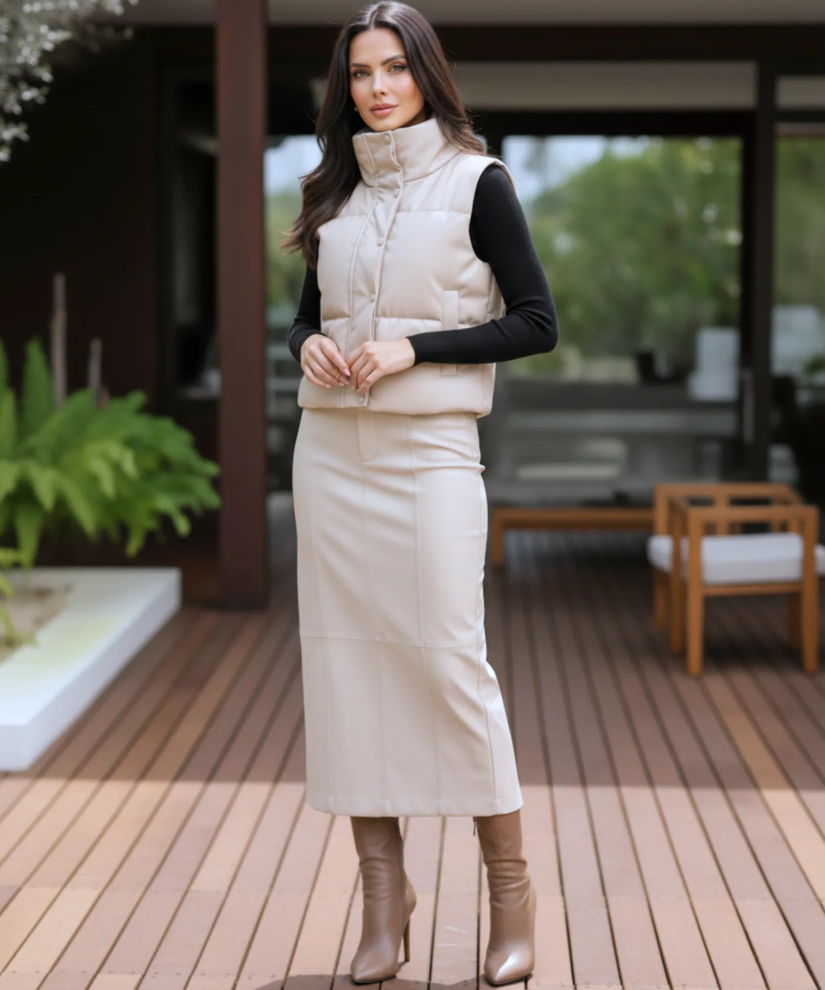 Comprar colete puffer feminino couro sintético gola alta botões duplos inverno térmico em promoção ZARA