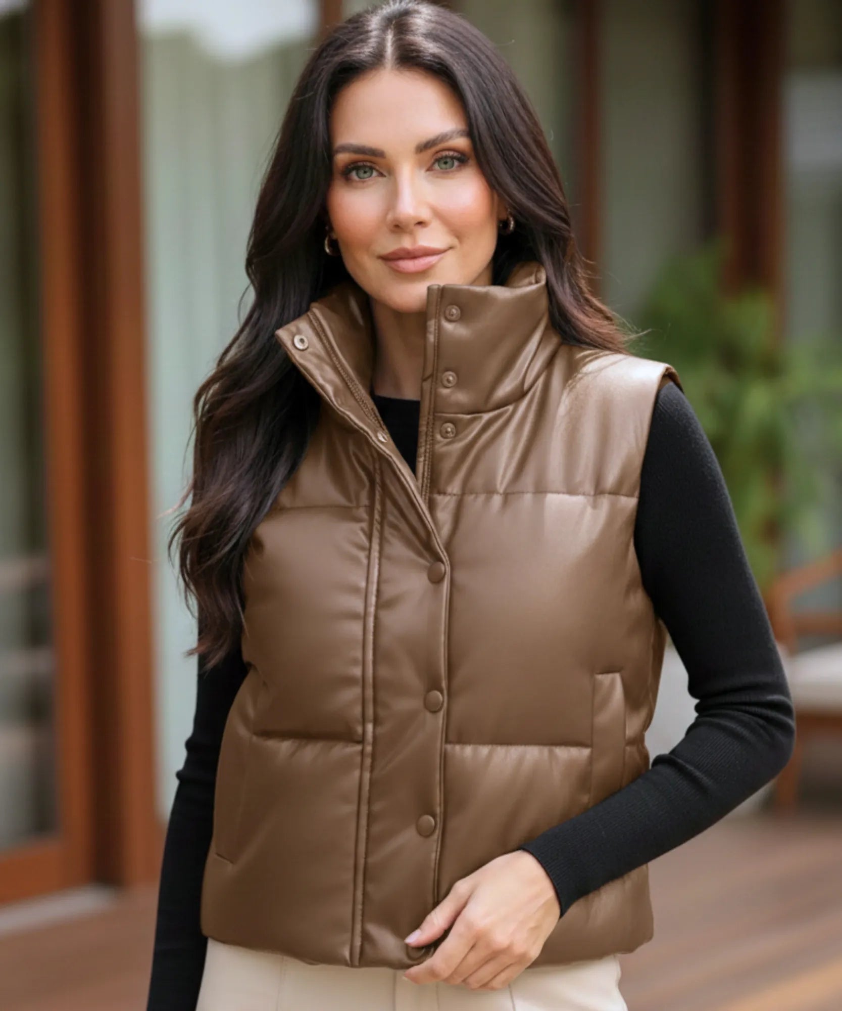 Comprar colete puffer feminino couro sintético gola alta botões duplos inverno térmico em promoção ZARA