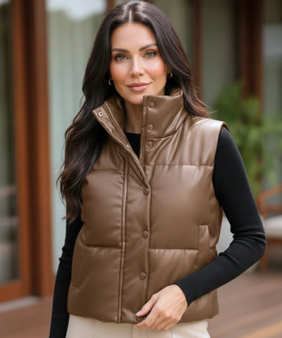 Comprar colete puffer feminino couro sintético gola alta botões duplos inverno térmico em promoção ZARA