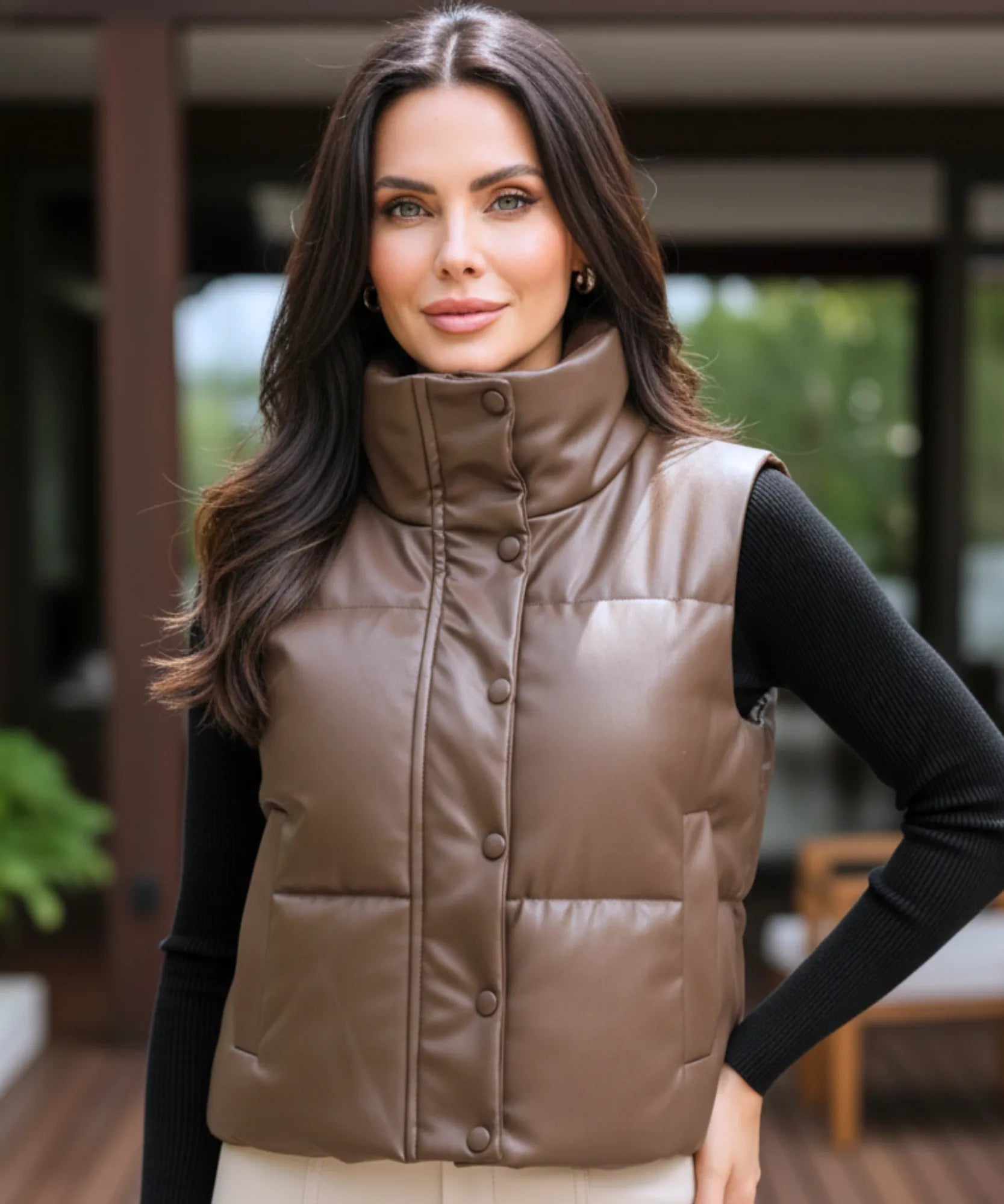 Comprar colete puffer feminino couro sintético gola alta botões duplos inverno térmico em promoção ZARA