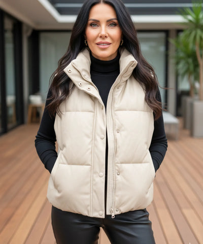 Comprar colete puffer feminino couro sintético gola alta botões duplos inverno térmico em promoção ZARA