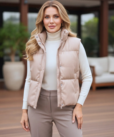 Comprar colete puffer feminino couro sintético gola alta botões duplos inverno térmico em promoção ZARA