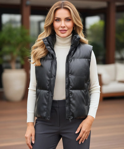 Comprar colete puffer feminino couro sintético gola alta botões duplos inverno térmico em promoção ZARA