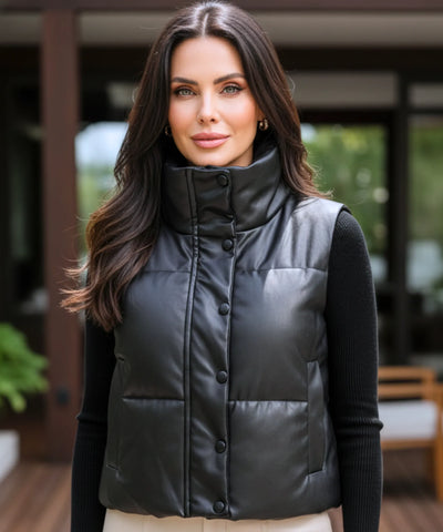 Comprar colete puffer feminino couro sintético gola alta botões duplos inverno térmico em promoção ZARA