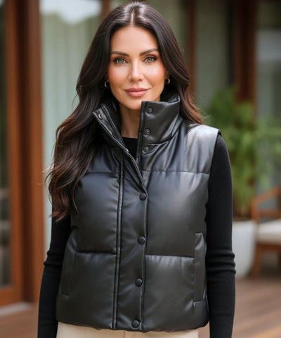 Comprar colete puffer feminino couro sintético gola alta botões duplos inverno térmico em promoção ZARA