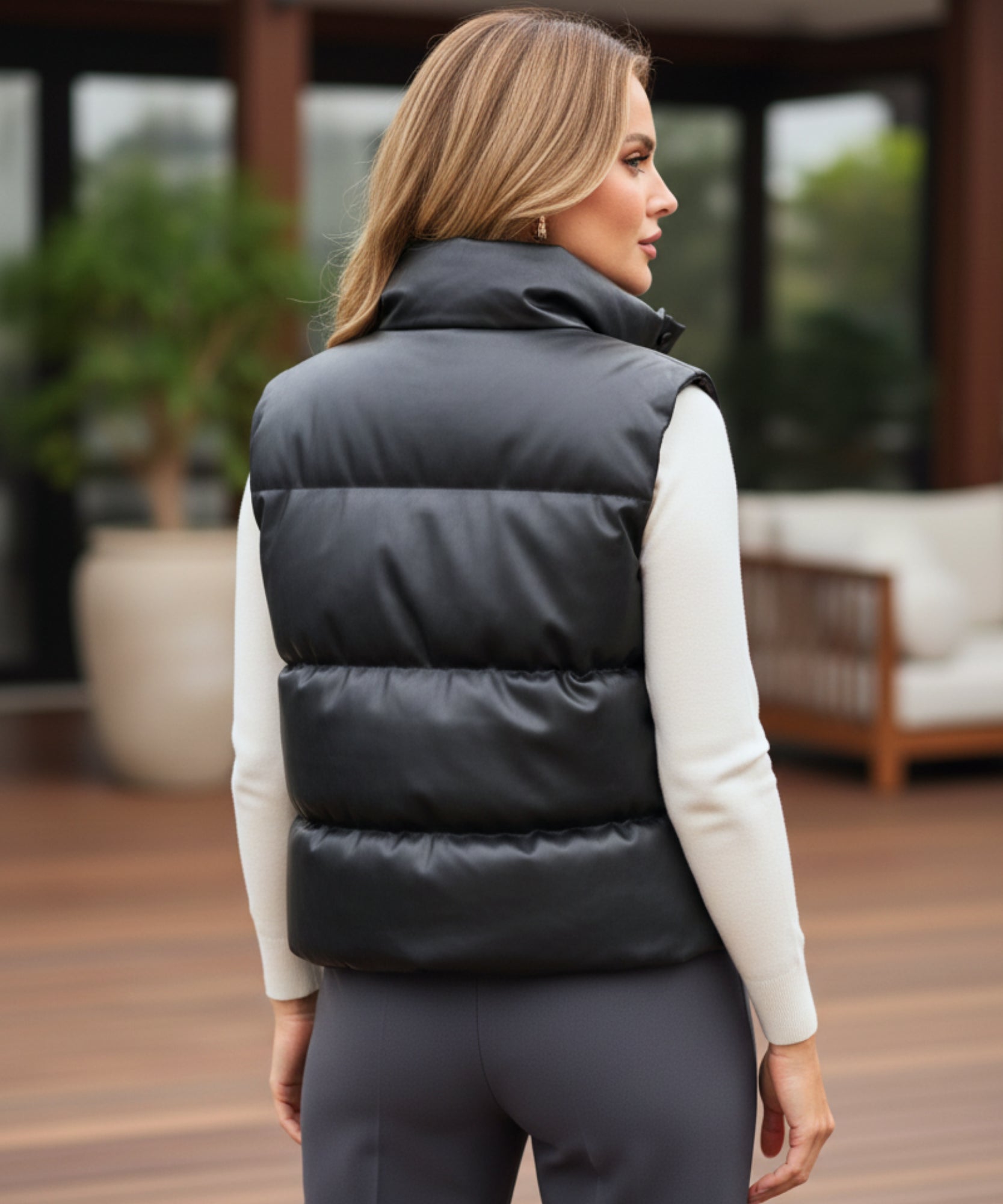 Comprar colete puffer feminino couro sintético gola alta botões duplos inverno térmico em promoção ZARA