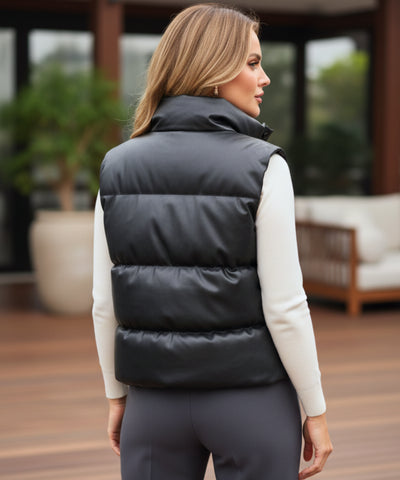 Comprar colete puffer feminino couro sintético gola alta botões duplos inverno térmico em promoção ZARA