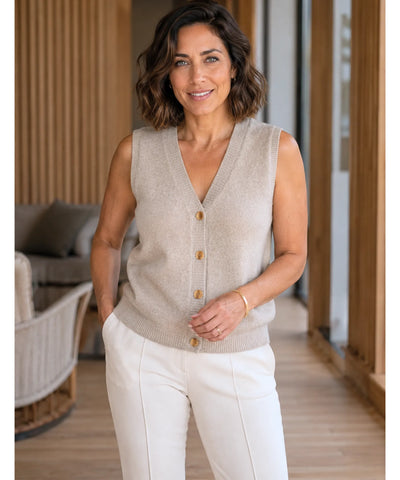 Comprar colete feminino em tricot com gola V e botões, ideal para sobrepor looks elegantes de outono e inverno em promoção Anellimn
