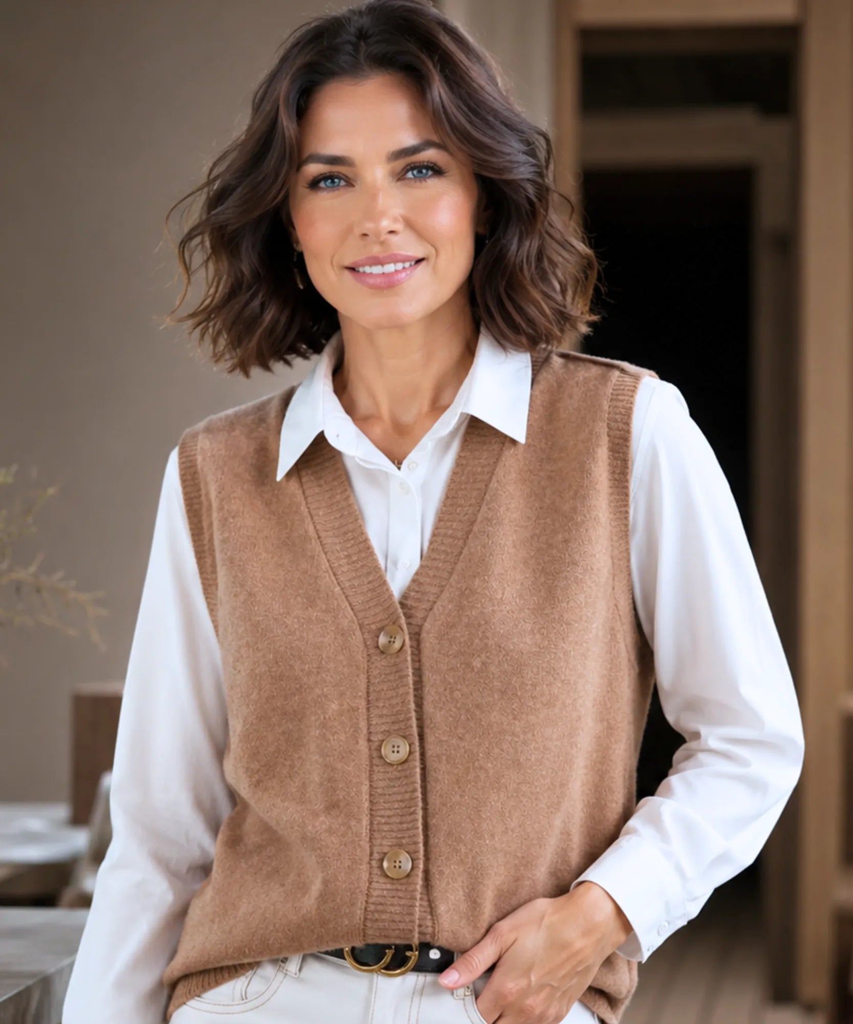 Comprar colete feminino em tricot com gola V e botões, ideal para sobrepor looks elegantes de outono e inverno em promoção Anellimn