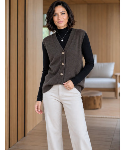 Comprar colete feminino em tricot com gola V e botões, ideal para sobrepor looks elegantes de outono e inverno em promoção Anellimn