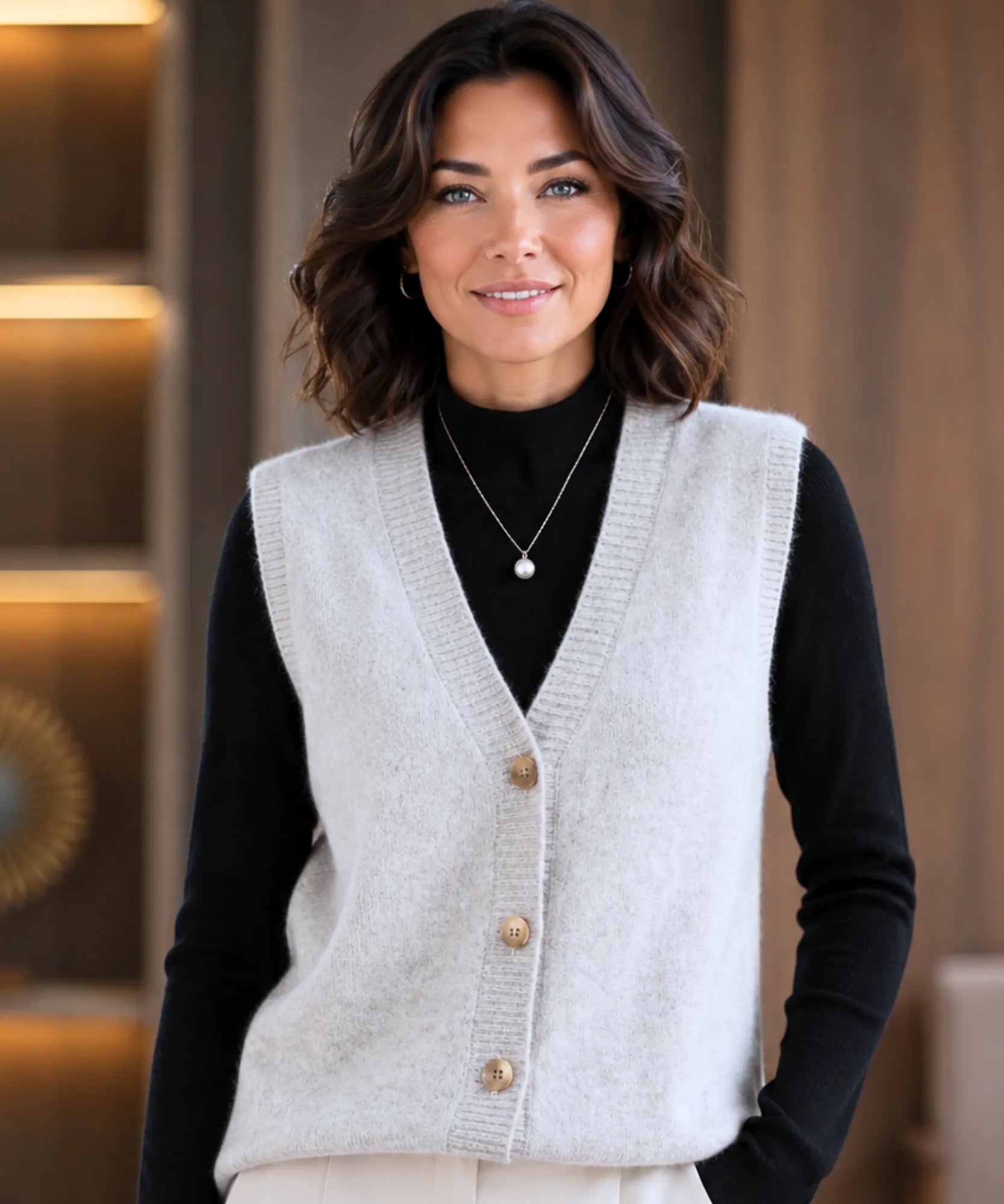 Comprar colete feminino em tricot com gola V e botões, ideal para sobrepor looks elegantes de outono e inverno em promoção Anellimn